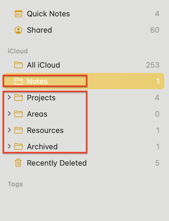 Apple Notes folders - PARA