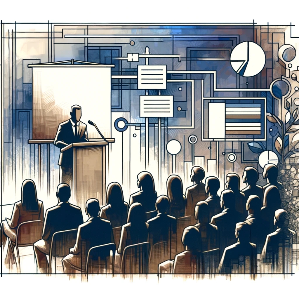 Artistic AI image of a presenter speaking in front of a crowd with a presentation screen and lots of data visualizations.