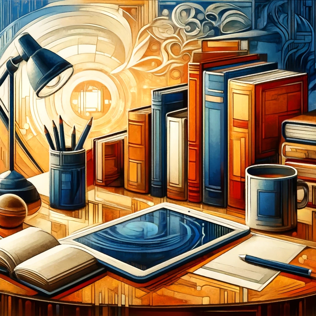 Abstract AI image of a desk with a row of books, a pencil cup, a lamp, a coffee mug, and a tablet with a stylus.